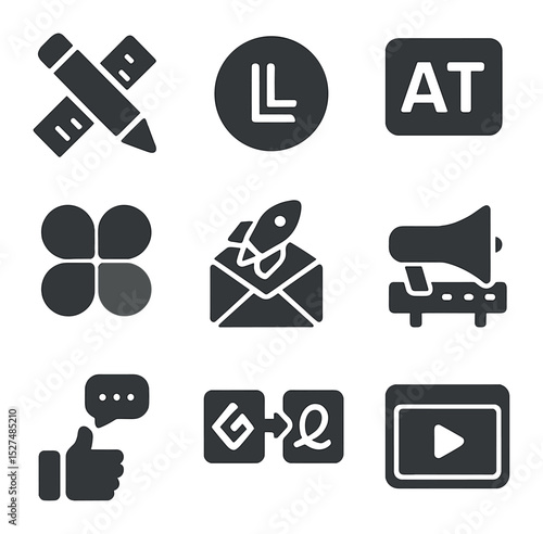 Rebranding Icons Grid. Solid, filled icons set of rebranding and refresh ideas: redesign icon, modern logo,