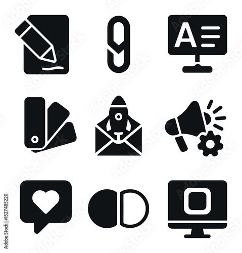 Rebranding Icons Grid. Solid, filled icons set of rebranding and refresh ideas: redesign icon, modern logo,