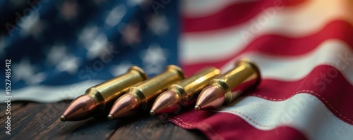 Close-up, spent rifle rounds, US flag background , detail, metal, ammo