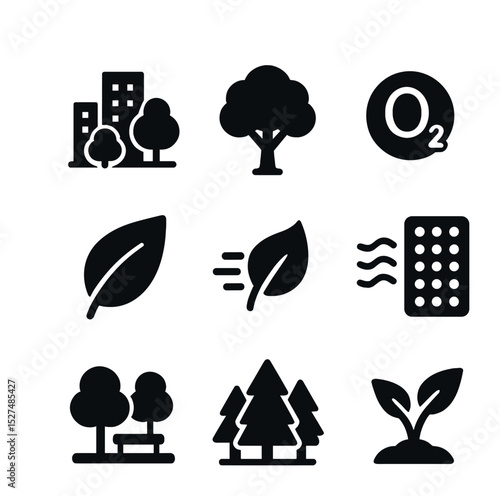 Eco-Friendly Urban Icons. Solid, filled icons set of urban trees and clean air: city icon, tree icon, oxygen