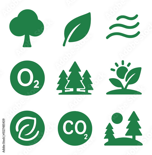 Eco-Friendly Icon Set. Solid, filled icons set of green living and fresh air: tree icon, leaf icon, clean air