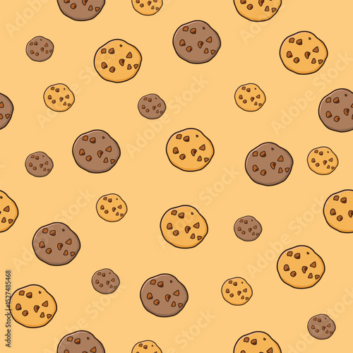 Seamless vector illustration of cookies with choco chips on brown background