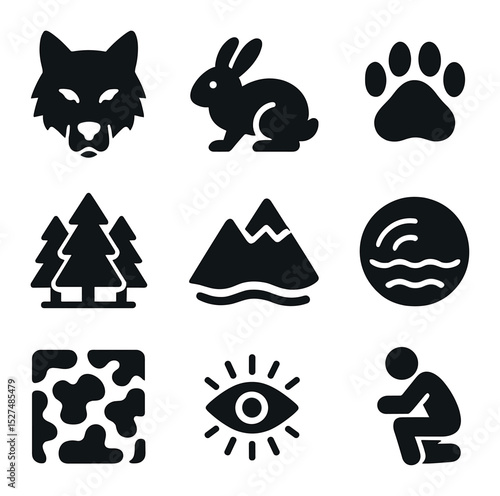 Predator and Prey Icons. Solid, filled icons set of predator and prey in the wild: predator icon, prey icon,