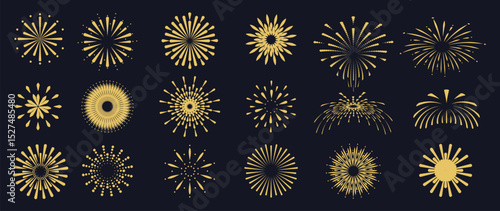 Set of new year firework vector illustration. Collection of glow gold fireworks on dark background. Art design suitable for decoration, print, poster, banner, wallpaper, card, cover.
