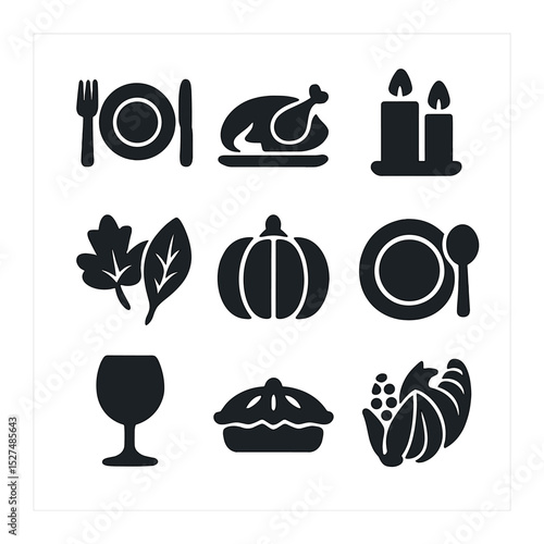 Thanksgiving Icons Grid. Solid, filled icons set of Thanksgiving table decor: table setting icon, turkey icon,