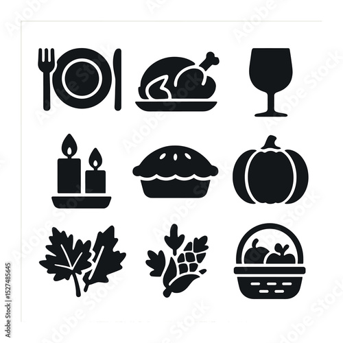 Thanksgiving Icons Grid. Solid, filled icons set of Thanksgiving dinner essentials: dinner plate, fork and