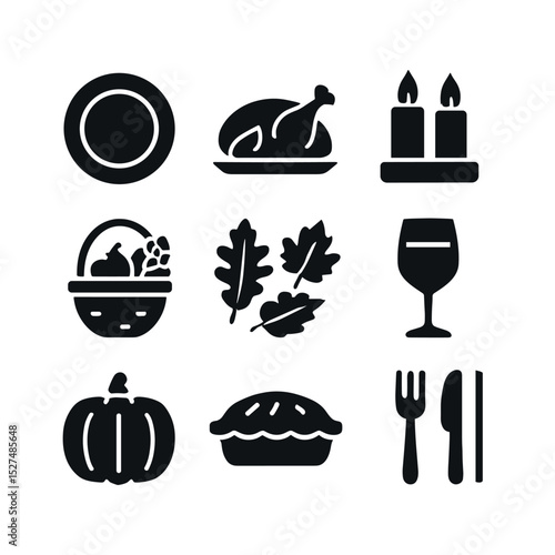 Thanksgiving Festive Icons. Solid, filled icons set of festive Thanksgiving tablescapes: dinner plate, turkey