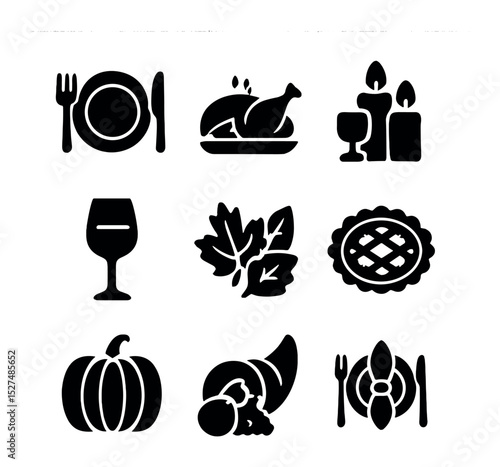 Thanksgiving Feast Icons. Solid, filled icons set of Thanksgiving feast and decor: dinner plate, turkey icon,
