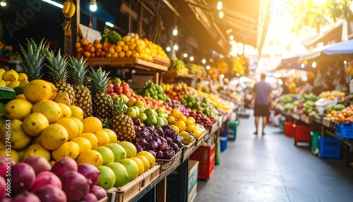 Sunlit Outdoor Market with Colorful Fruits and Vegetables