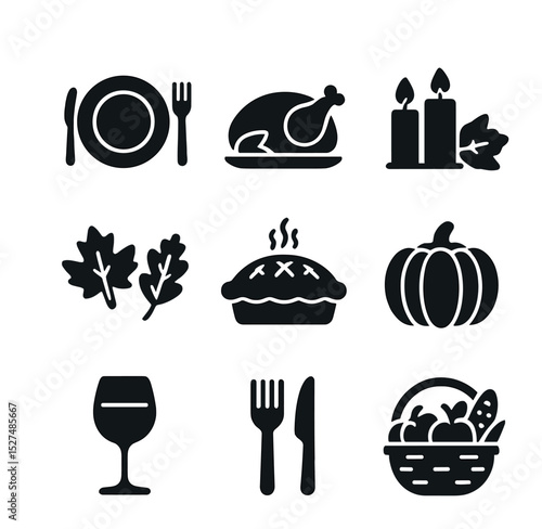 Thanksgiving Dinner Icons. Solid, filled icons set of classic Thanksgiving dinner: dinner plate, turkey icon,