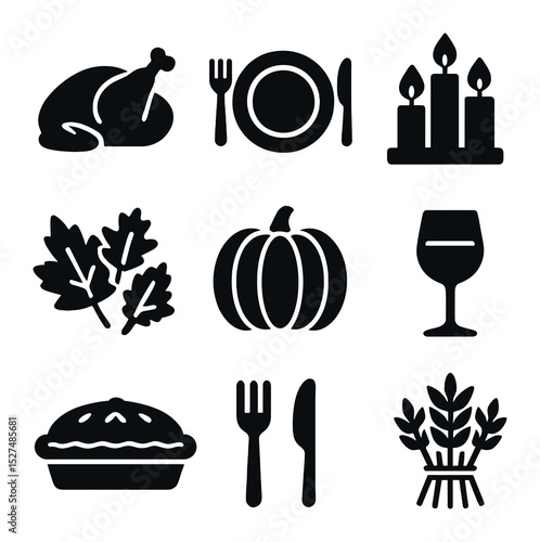 Thanksgiving Icons Grid. Solid, filled icons set of Thanksgiving traditions and decor: turkey icon, dinner