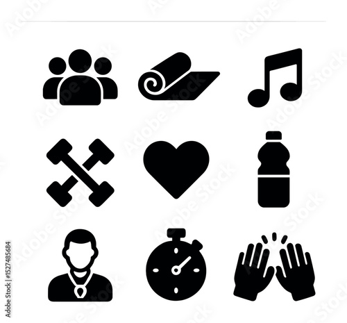 Team Workout Icons. Solid, filled icons set of team workout motivation: group icon, exercise mat, dumbbells,