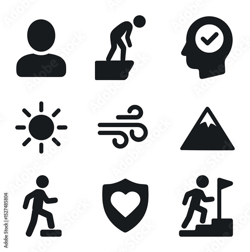Confronting Challenges Icons. Solid, filled icons set of confronting personal challenges: person icon,
