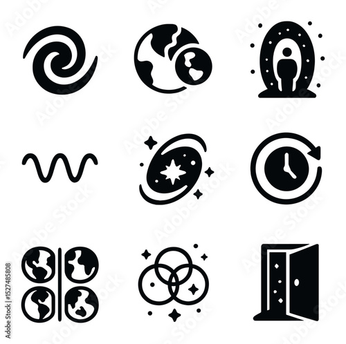 Parallel Universe Icons. Solid, filled icons set of parallel universe adventures: cosmic swirl, alternate