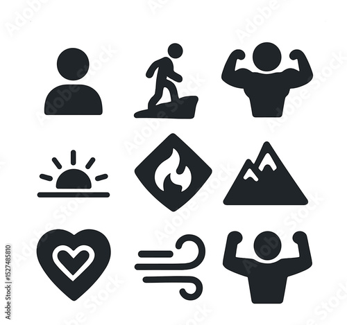 Strength and Courage Icons. Solid, filled icons set of strength and inner courage: person icon, cliff edge,