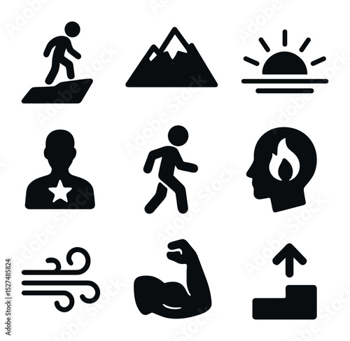 Fearless Adventure Icons. Solid, filled icons set of adventure and overcoming fears: cliff edge, mountain icon