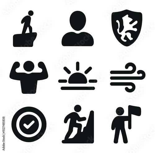 Strength and Determination Icons. Solid, filled icons set of inner strength and determination: cliff icon,