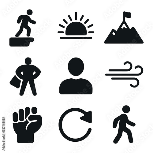 Strength and Determination Icons. Solid, filled icons set of inner strength and determination: cliff icon,