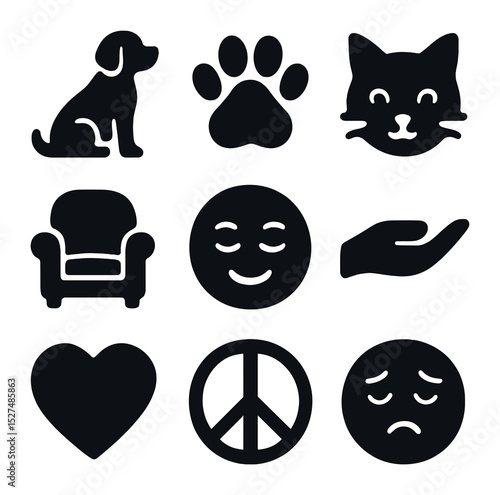 Therapeutic Animal Icons. Solid, filled icons set of therapeutic animal interactions: dog icon, paw icon, cat