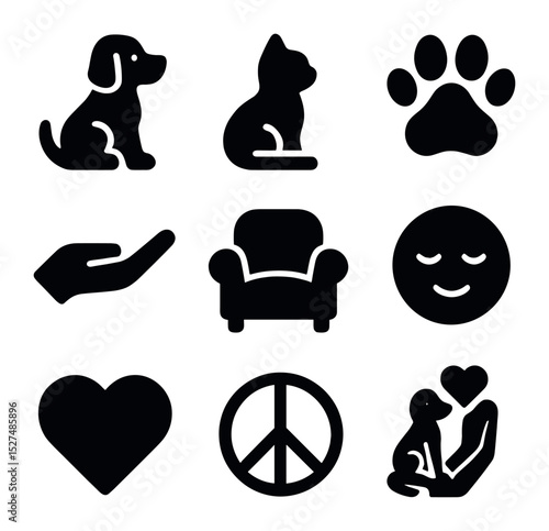 Therapeutic Pet Icons. Solid, filled icons set of therapeutic pet interactions: dog icon, cat icon, paw icon,