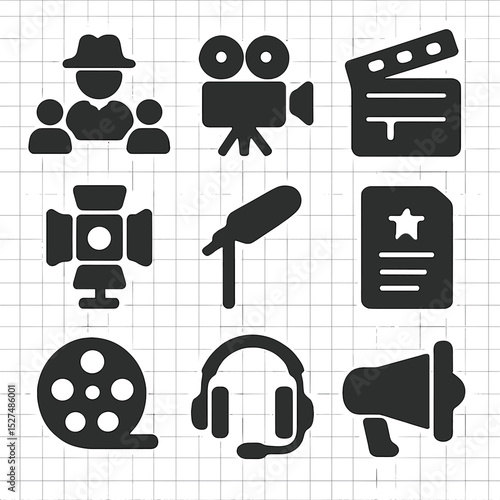 Filmmaking Icon Set. Solid, filled icons set of behind-the-scenes filmmaking: director chair, camera icon,