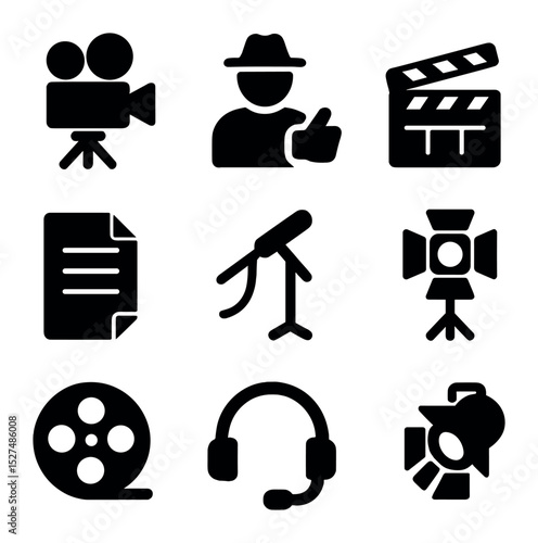 Filmmaking Icon Set. Solid, filled icons set of behind-the-scenes filmmaking: director chair, camera icon,