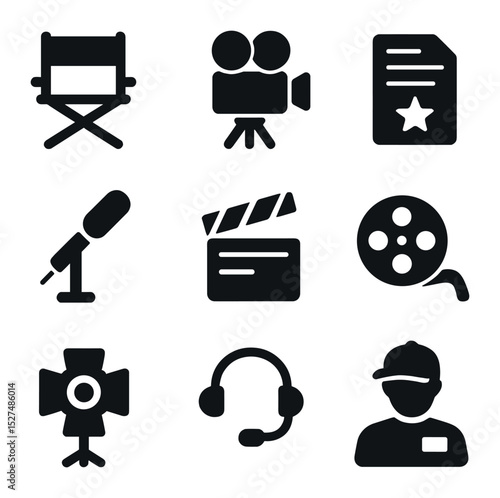 Movie Scene Icons. Solid, filled icons set of shooting a movie scene: director chair, film camera, script icon