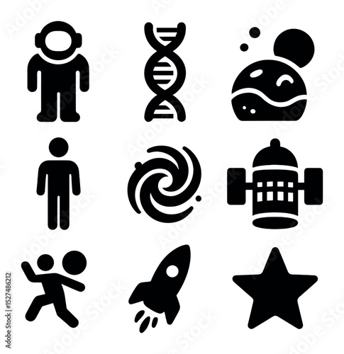 Human Evolution in Space. Solid, filled icons set of how humans evolve in space: astronaut icon, DNA helix,