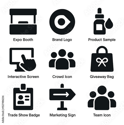 Live Event Icon Grid. Solid, filled icons set of live event marketing experiences: expo booth, brand logo,