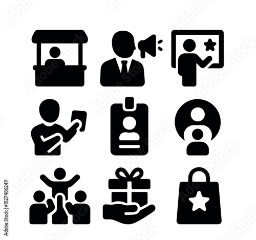 Expo Interaction Icons. Solid, filled icons set of connecting with audiences at expos: booth icon, marketing