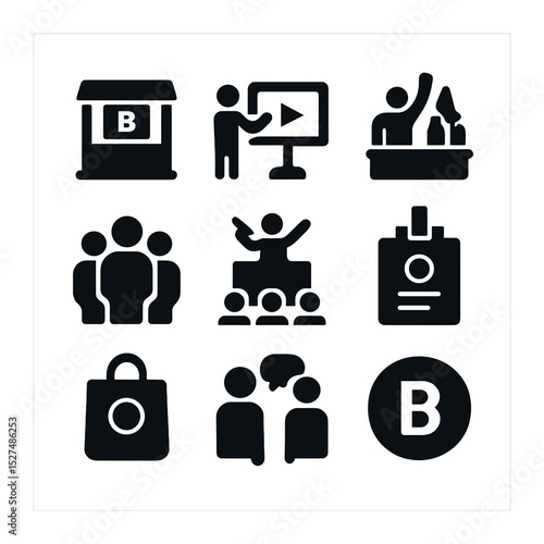 Immersive Marketing Icons. Solid, filled icons set of immersive marketing at expos: branded booth, interactive