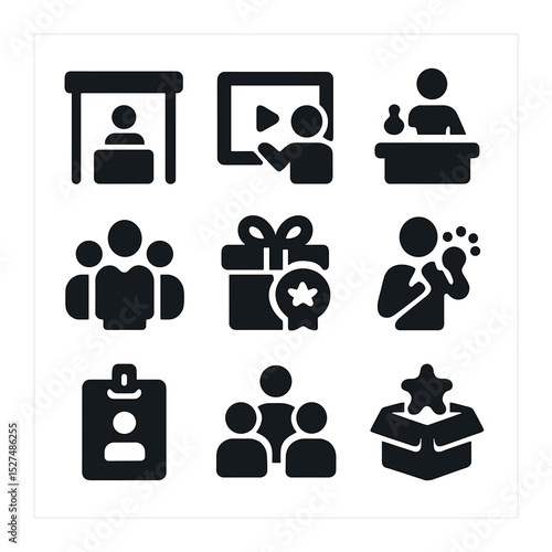 Dynamic Trade Show Icons. Solid, filled icons set of dynamic trade show presence: expo booth, interactive
