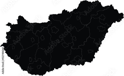 black silhouette map of hungary with regional borders isolated on white background for print or graphic use