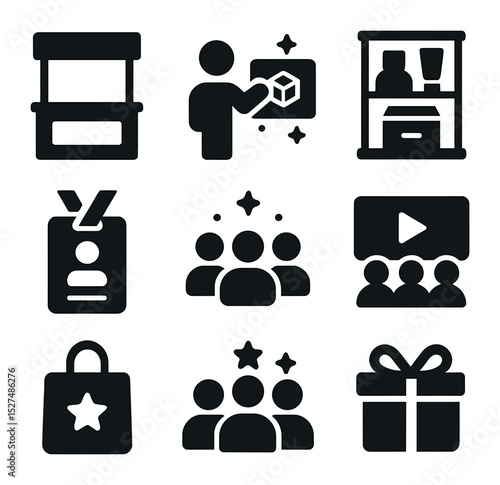 Trade Show Icons. Solid, filled icons set of trade show marketing excitement: branded booth, interactive demo,
