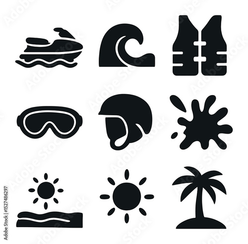Energetic Water Sports Icons. Solid, filled icons set of energetic water sports moments: jet ski icon, water