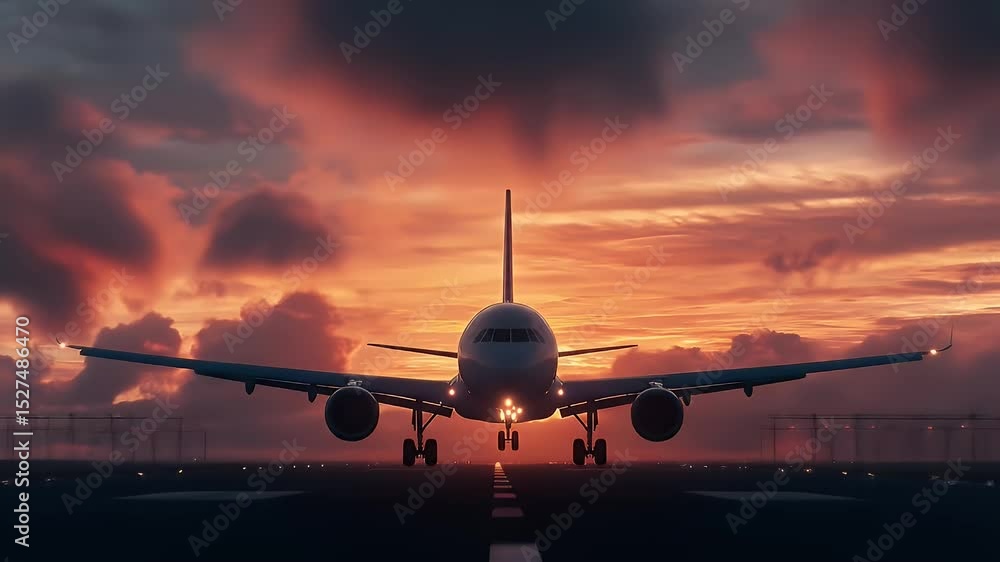 Passenger Airplane Landing on Runway at Sunset Sky with Orange Clouds for Transportation and Tourism, Generative AI Artifacts Passenger Airplane Landing on Runway at Sunset Sky with Orange Clouds for Transportation and Tourism, Generative AI Artifacts