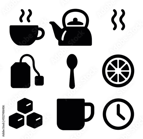 Cozy Break Icons. Solid, filled icons set of cozy work break rituals: teacup icon, kettle icon, steam icon,
