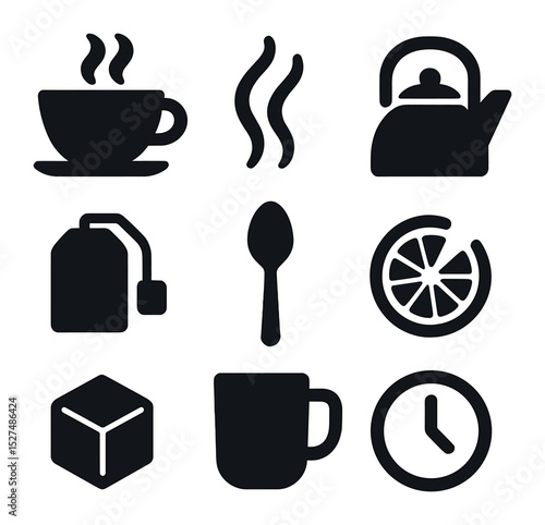 Tea Icons Grid. Solid, filled icons set of tea moments at work: teacup icon, steam icon, kettle icon, tea bag,