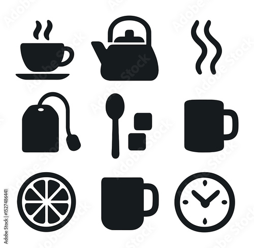 Tea Time Icons. Solid, filled icons set of warm tea break essentials: teacup icon, kettle icon, steam icon,