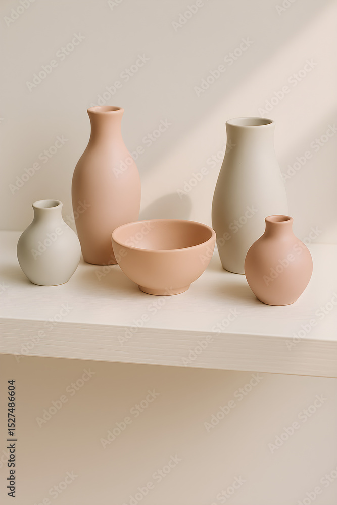 Elegant ceramic vases and a bowl in soft earth tones, perfect for modern home decor and interior design. Elegant ceramic vases and a bowl in soft earth tones, perfect for modern home decor and interior design.