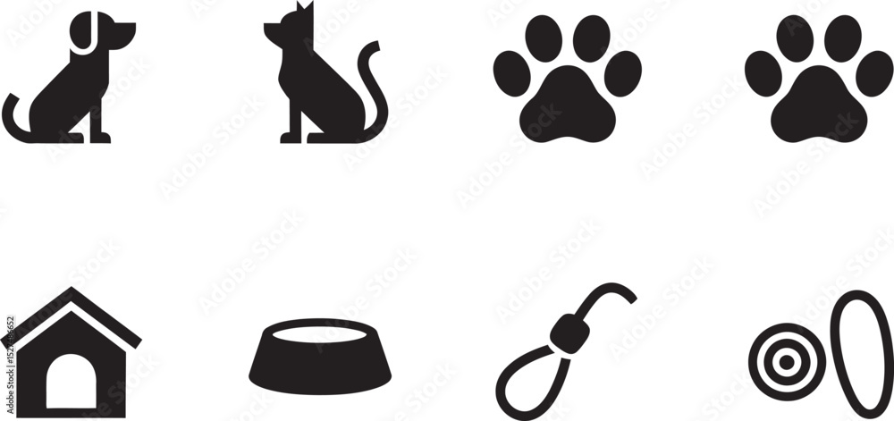 Fototapeta premium Pet Care Icons: A collection of monochrome pet-related icons, including dog, cat, paw prints, doghouse, bowl, leash, and pet toy.