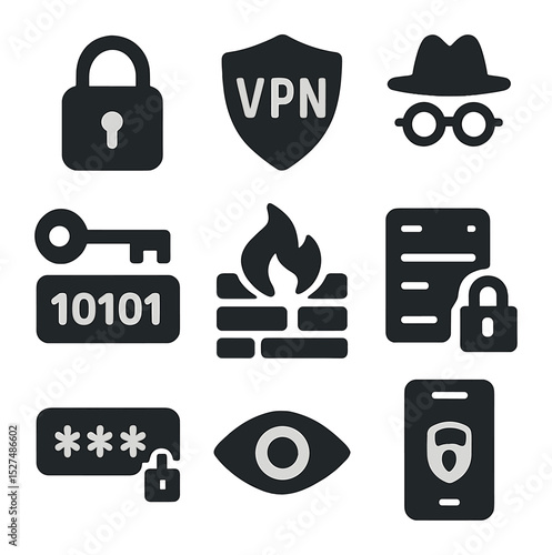 Comprehensive Online Privacy Icons. Solid, filled icons set of comprehensive online privacy: padlock icon, VPN