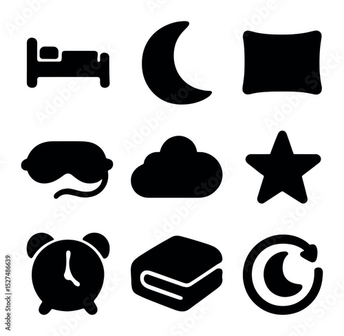 Healthy Sleep Icon Set. Solid, filled icons set of healthy sleep habits: bed icon, moon icon, pillow icon,