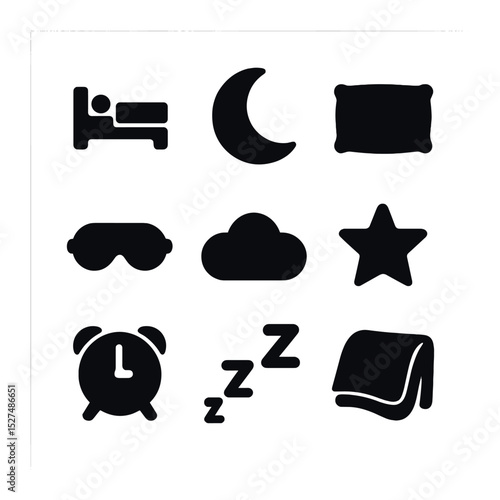 Sleep Icon Grid. Solid, filled icons set of soothing sleep routines: bed icon, moon icon, pillow icon, sleep