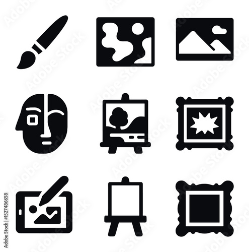 Visual Art Icon Grid. Solid, filled icons set of various visual art expressions: paintbrush icon, abstract art