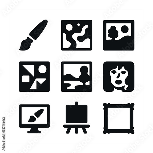 Art Genre Icons. Solid, filled icons set of art genres and visual exploration: paintbrush icon, abstract art,