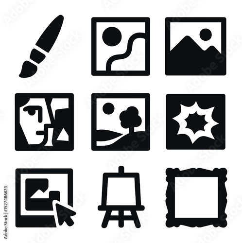 Art Icon Grid. Solid, filled icons set of visual art interpretations: paintbrush icon, abstract art, realism,