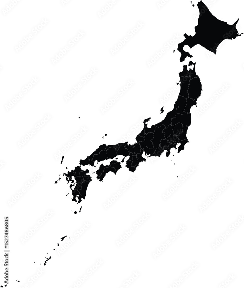 Fototapeta premium black silhouette map of japan with islands and regional borders isolated on white background for graphic design use