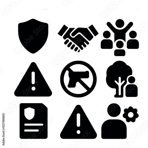 Risk Management Icons. Solid, filled icons set of risk management at work: security shield, handshake icon,