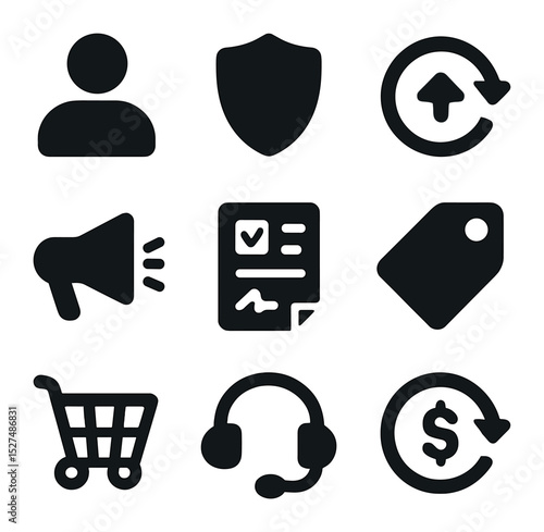 Consumer Protection Icons. Solid, filled icons set of consumer protection and rights: consumer icon, shield